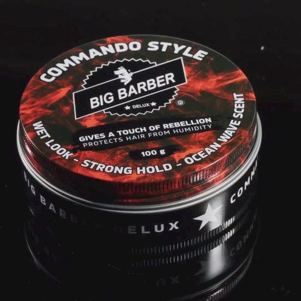 COMMANDO STYLE Big Barber Delux hair pomade, provides a strong hold, ocean wave scent, and protects hair from humidity, ideal for stylish men's hair grooming and hair styling in Australia.