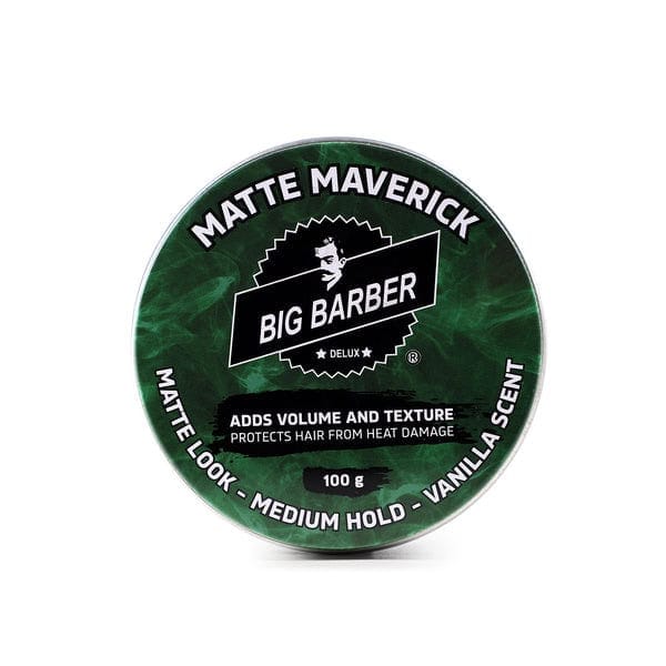 Adds volume and texture, protects hair from heat damage, Big Barber Delux matte Maverick styling pomade, vanilla scent, medium hold, 100g container, ideal for a matte, trendy men's hairstyle, barber-quality grooming product.