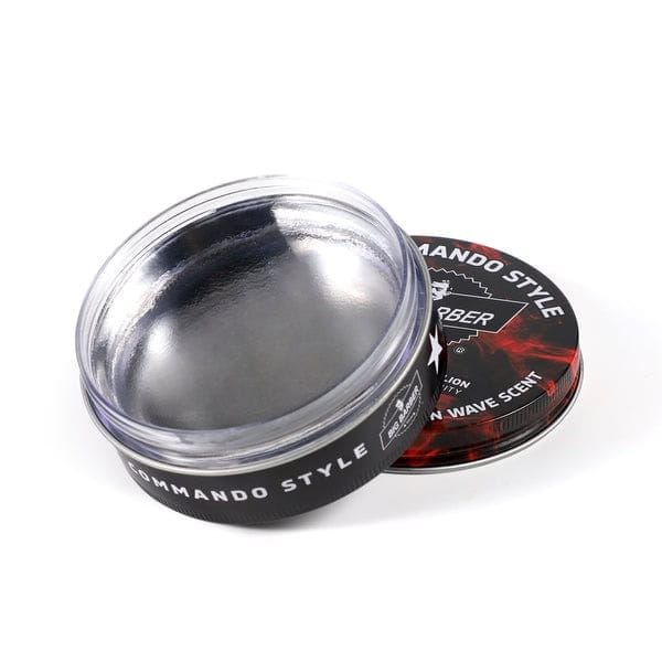 Black and red pomade container for men's hair styling, featuring commanding style and wave scent, ideal for barber shops.