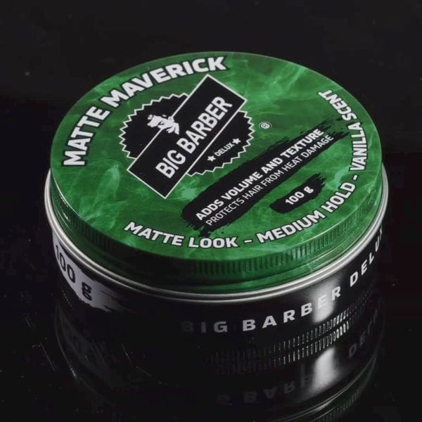 Matte black hair styling wax, Big Barber Delux, medium hold, vanilla scent, adds volume and texture, protects from heat damage, suitable for men's grooming, 100g tin, Australian barber shop quality.