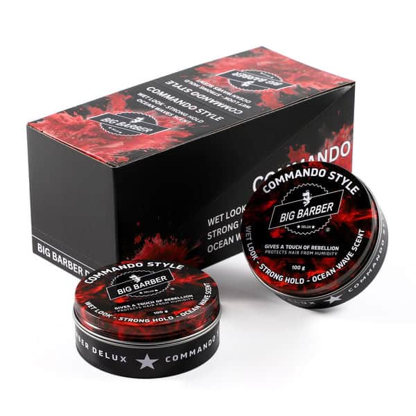 Big Barber Delux Commando Style hair gel in black container with red and white label, strong hold for ocean wave scent, providing rebellious wet look and humidity protection, perfect for bold styling.