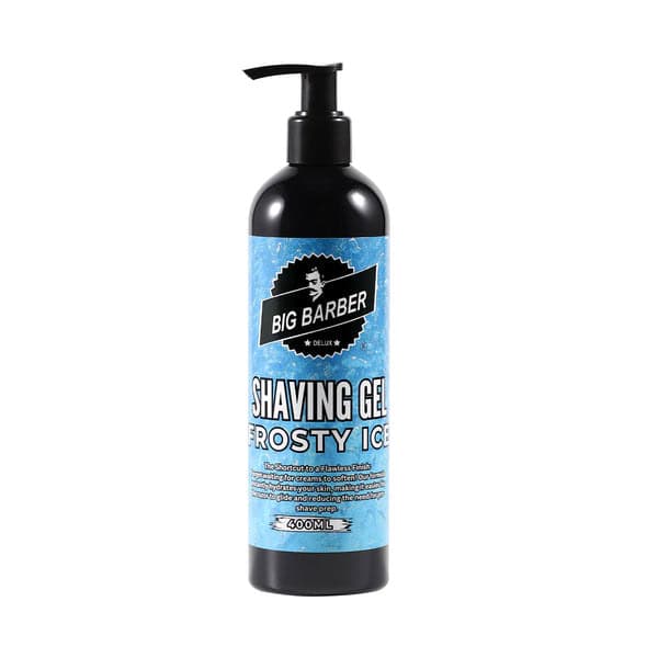 Refreshing Big Barber Frosty Ice Shaving Gel in a 400ml pump bottle, ideal for quick and smooth shaves, designed for men’s grooming and beard care, perfect for a professional barber shop or home use.