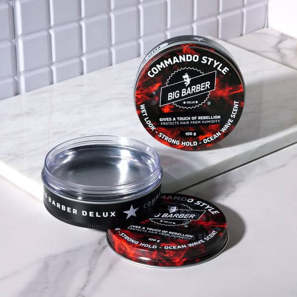 Creamy hair styling product by Big Barber Delux, ideal for commanding hairstyles, strong hold, and ocean wave scent. Suitable for men's grooming and barbering needs.