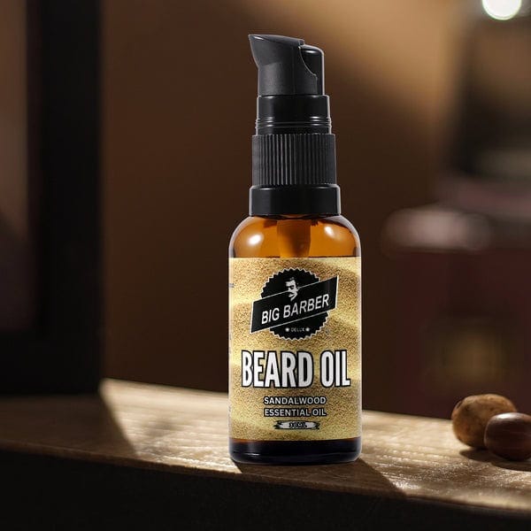 Beard oil bottle featuring sandalwood essential oil from Big Barber Delux, renowned barber shop in Australia for premium men's grooming products.