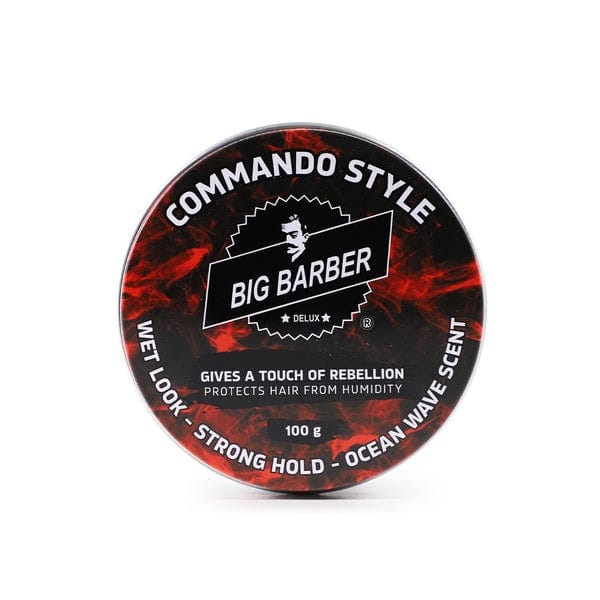 Rich hair styling product for men, Big Barber Delux Commando Style, strong hold, humid protection, ocean wave scent, men's hair wax, hair rebel protection, 100g jar, barber styling cream.