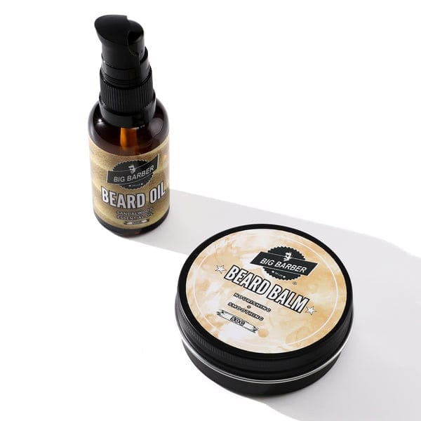 Beard oil and beard balm set from Big Barber Delux for grooming and styling facial hair, providing moisture, growth, and a polished look for men.