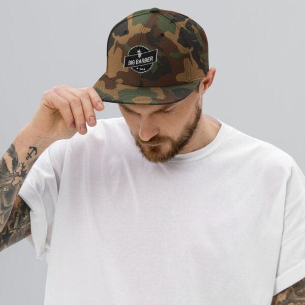 Stylish camouflage baseball cap with "Big Barber" logo, perfect for men's fashion and grooming enthusiasts.