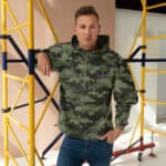 Camouflage hooded jacket with "Big Barber" logo, men's casual fashion, trendy streetwear, stylish men's clothing, urban apparel, Australian men's fashion.