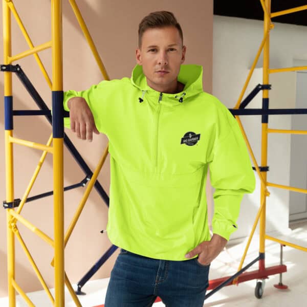 Bright yellow high-visibility jacket with “Big Barber” logo, perfect for professional hairdressing or barbershop staff, stylish and functional workwear for a modern grooming environment.