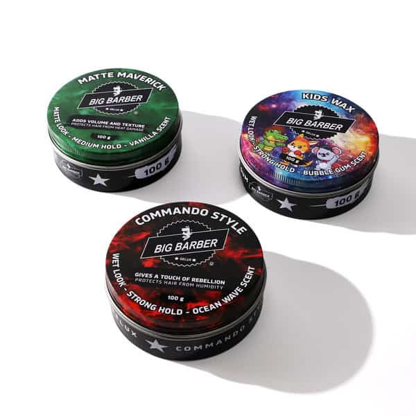 Matte maverick styling clay for hold and texture, kids wax bubble gum scent, commando style hair wax for strong hold and rebellion, Big Barber Delux men's grooming products.