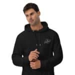 Black Big Barber Delux hoodie with logo, stylish men's casual wear for barbershop staff and grooming enthusiasts. Perfect for a comfortable, professional look at your salon or barber shop.
