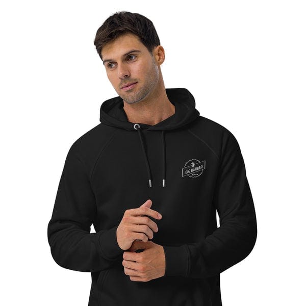 Black Big Barber Delux hoodie with logo, stylish men's casual wear for barbershop staff and grooming enthusiasts. Perfect for a comfortable, professional look at your salon or barber shop.