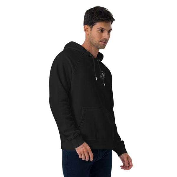 Comfortable black hoodie with logo, perfect for casual wear and outdoor activities.