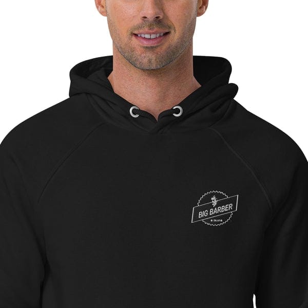 Stylish black hoodie featuring the Big Barber Delux logo, perfect for barber shop staff or clients seeking comfortable and branded apparel. Ideal for promoting your barbering business in Australia.